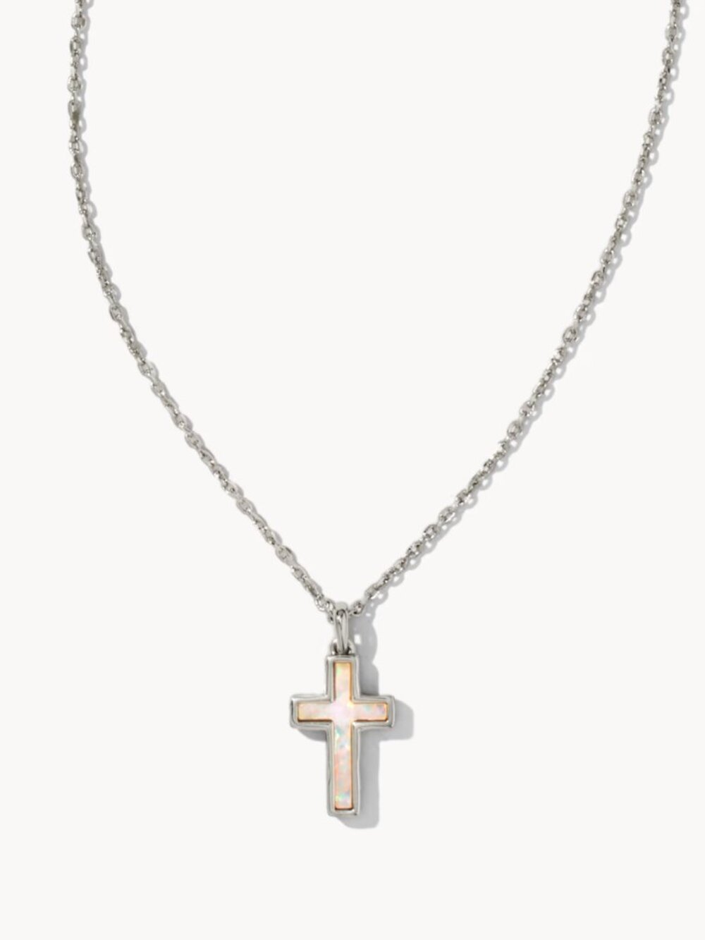 Kendra Scott Cross Silver Pendant Necklace in White Lab Grown Opal